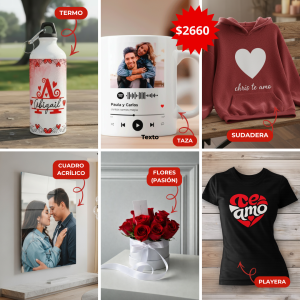INCLUYE: 1 PLAYERA, 1 SUDADERA, 1 TERMO, 1 CUADRO EN ACRILICO, FLORES "AMOR Y PASIÓN", 1 TAZA
