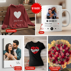 INCLUYE: 1 CUADRO CANVAS, 1 TAZA, 1 PLAYERA, 1 SUDADERA, 1 FLORES PASIÓN