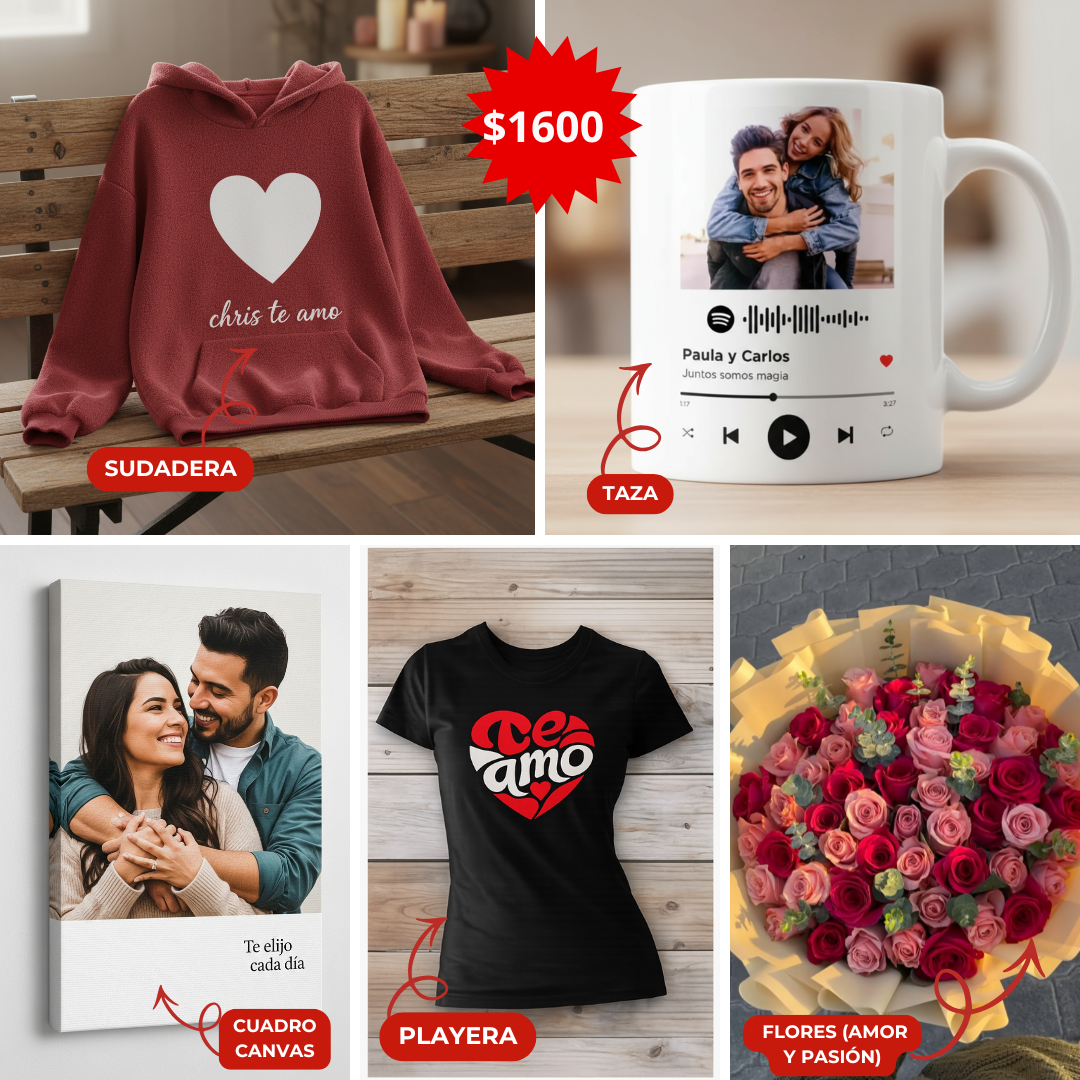 INCLUYE: 1 CUADRO CANVAS, 1 TAZA, 1 PLAYERA, 1 SUDADERA, 1 FLORES PASIÓN