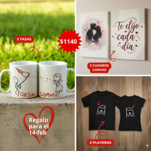 INCLUYE: 2 CUADROS EN CANVA, 2 PLAYERAS, 2 TAZAS