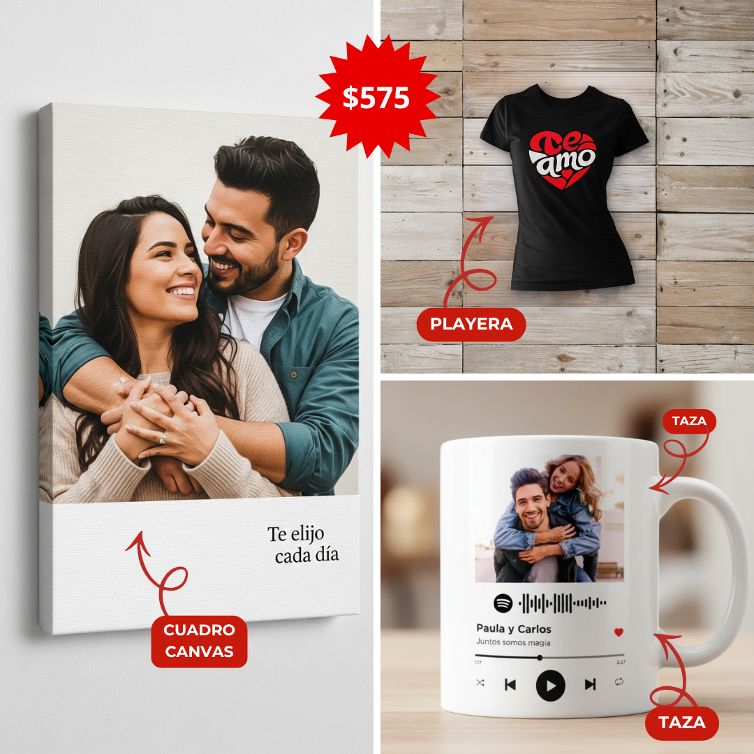 INCLUYE: 1 PLAYERA, 1 TAZA y 1 CUADRO CANVAS