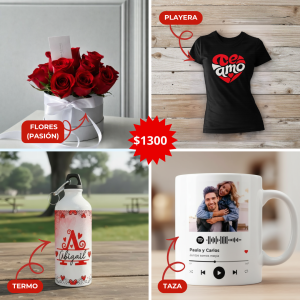 INCLUYE: 1 PLAYERA, 1 TAZA, 1 TERMO, FLORES "PASIÓN"